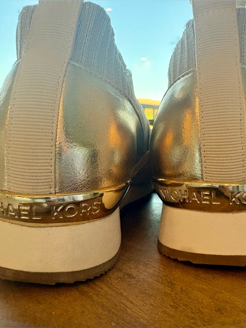 NEW Michael Kors Beige Knit Slip-On Sneakers with Gold Tennis Shoes 7.5 - Picture 7 of 7